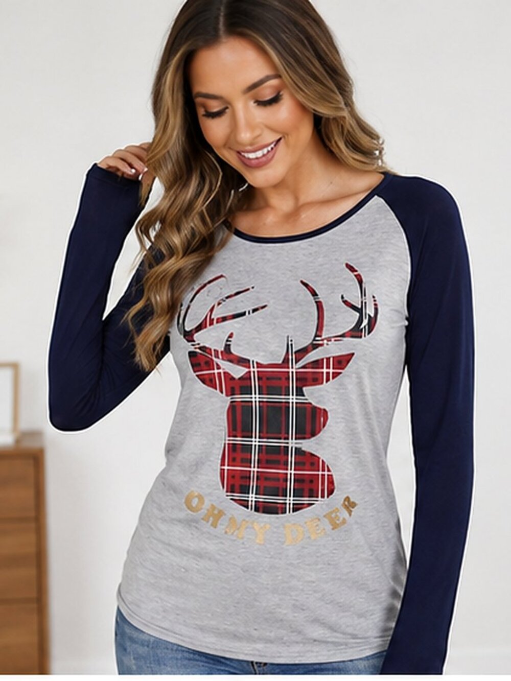 Plaid Reindeer Oh My Deer Long Sleeve Raglan Tee NWT